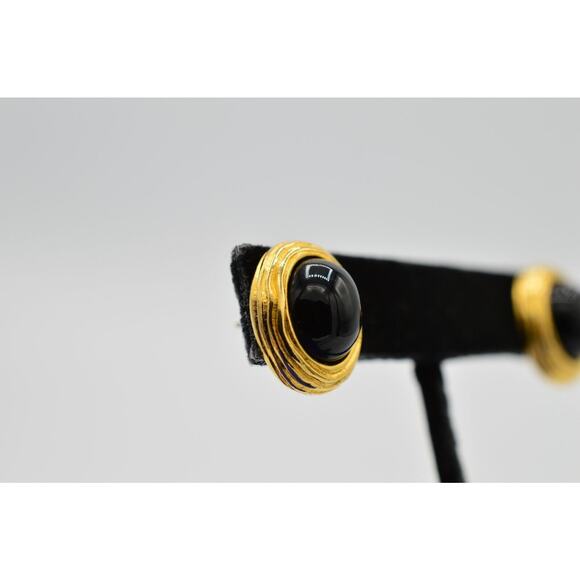 Givenchy Vintage Cabochon Earrings Stud Brushed Gold Black Signed 1980s BinC - Picture 7 of 9